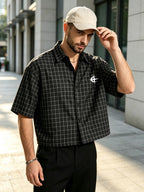 Men'S Summer Plaid Short-Sleeve Cropped Shirt, Easy Line Print Lapel Shirt, Casual All-Match Short Top - Black