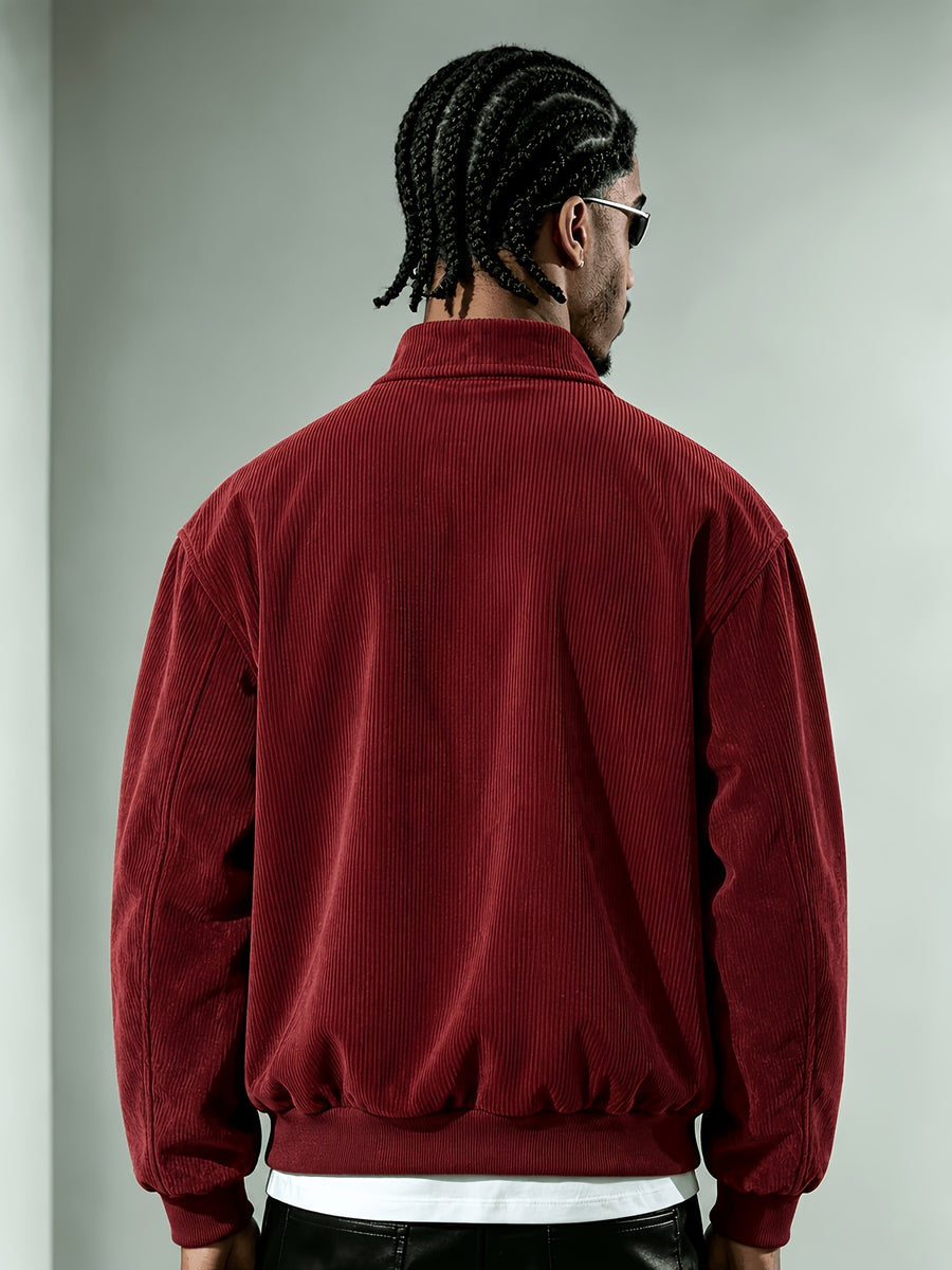 Men'S Corduroy Jacket, Autumn Winter Retro Stand Collar Long Sleeve Coat, Double Pocket Cow Head Print Cargo Casual Top, Loose All-Match Street Style Men'S Jacket - Burgundy
