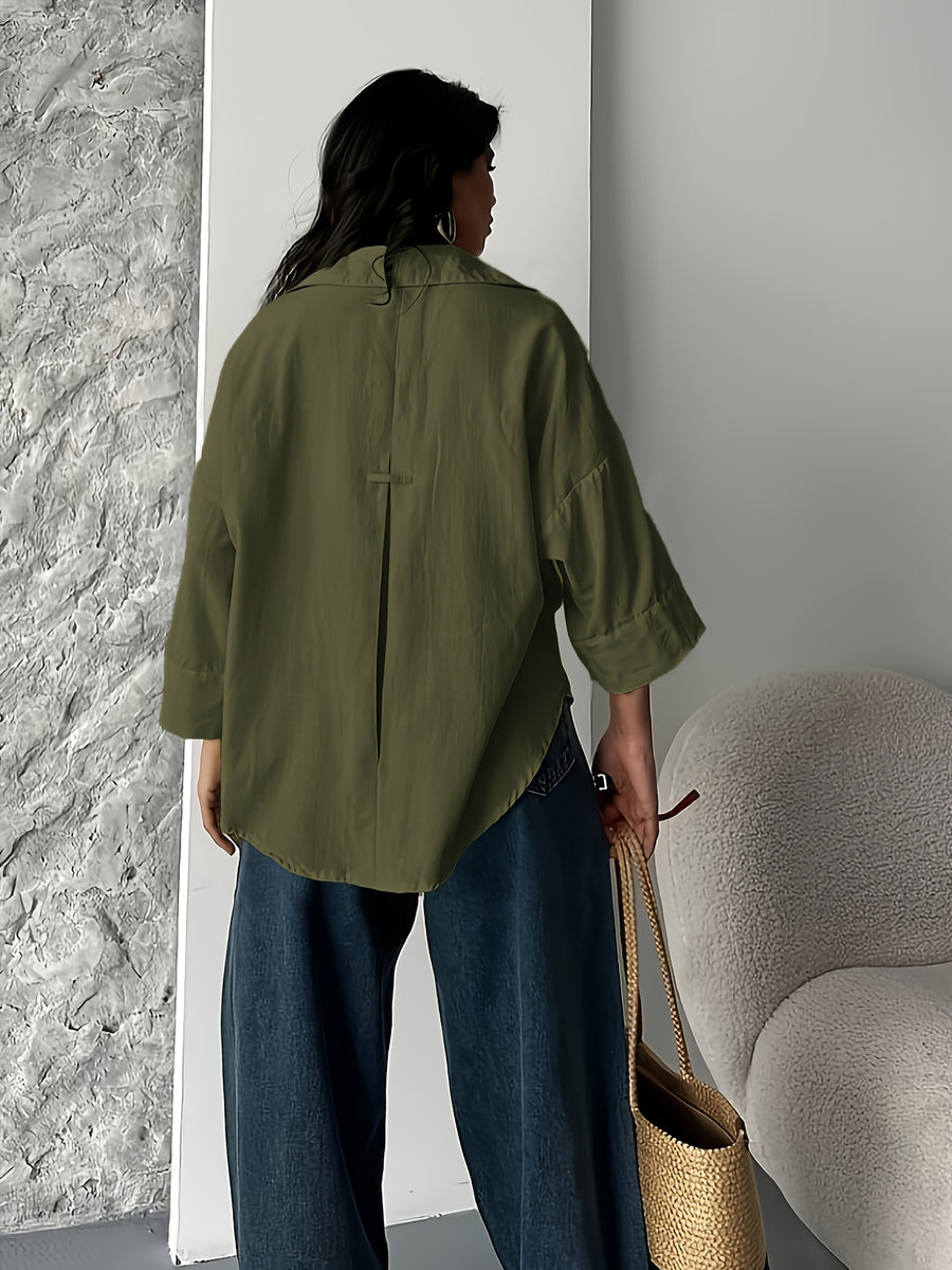 Fashion Spring Summer Women'S Off-Shoulder Puff Sleeve Button-Up Elegant Loose Shirt Lapel - Army Green