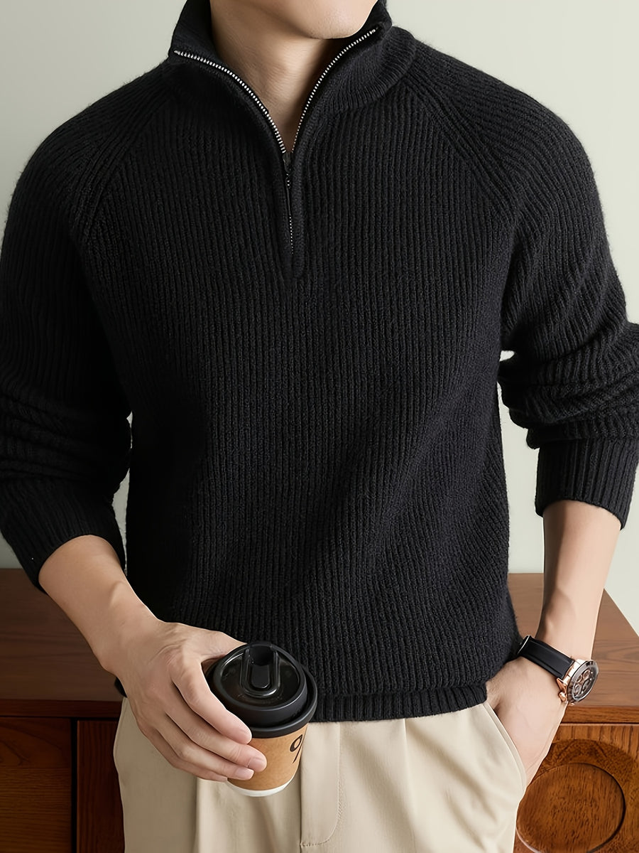 Men's Solid Gray Half-Zip Sweater with Stand Collar & Raglan Sleeves - Warm Winter Knit Pullover, Loose Fit Vertical Rib Texture Suitable for Casual and Light Business Wear, Machine Washable Fall/Winter Sweater - Black