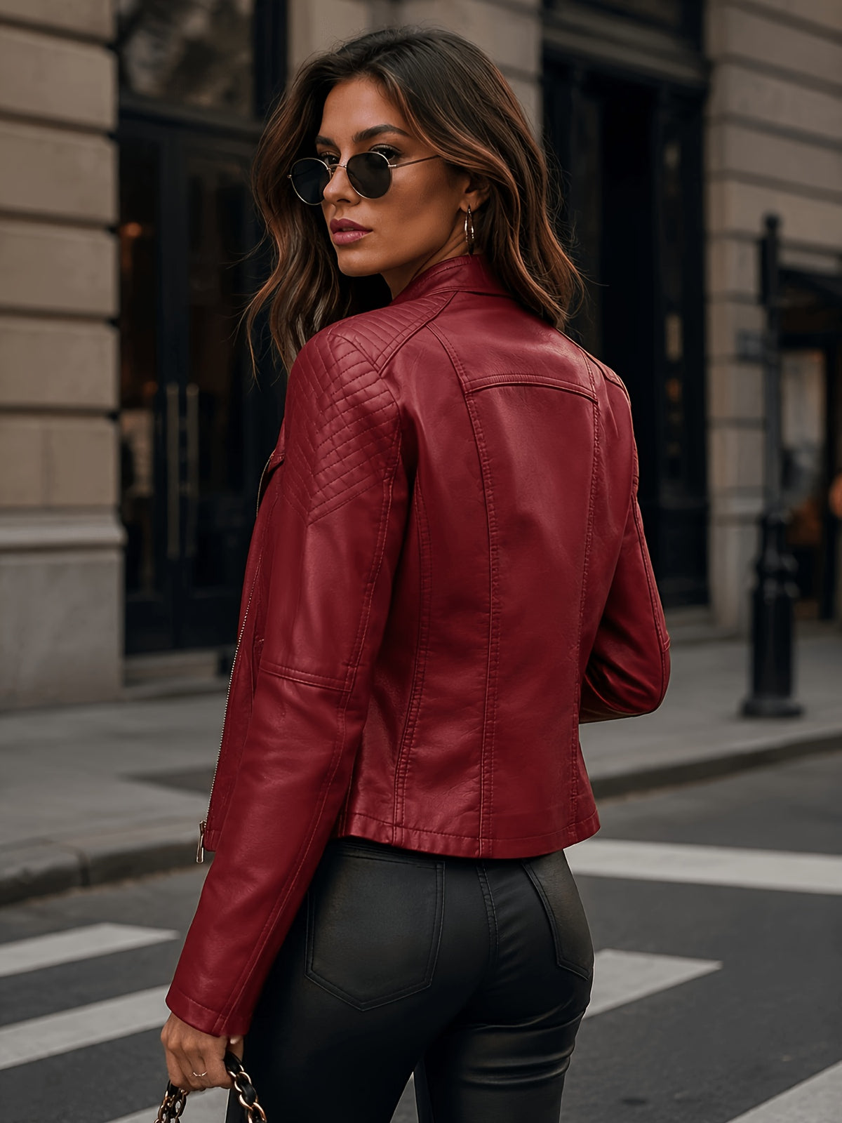 In-Stock/Women'S Casual PU Jacket, Women'S Biker Coat, Spring Autumn Motorcycle Jacket, Vacation Travel Outerwear, Retro Fashion Design - Red