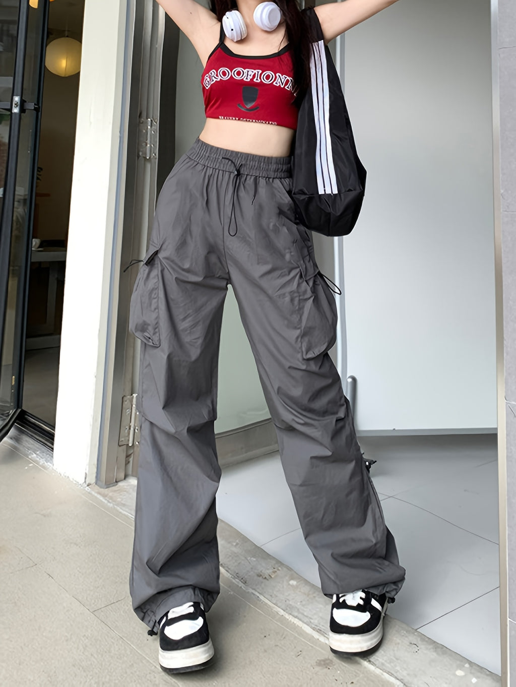 2025 Trendy New Y2K Fashion Gray Women'S Vintage Cargo Pants, Outdoor Casual Large Pocket Wide-Leg Trousers - Grey