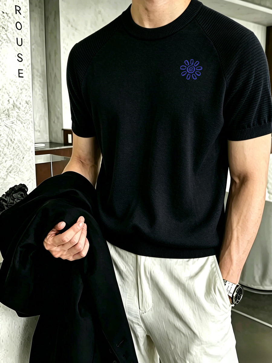Men's Raglan Short Sleeve Knit Sweater with Simple Little Sun Crew Neck Casual Pullover Top - Black