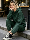 Ladies' Casual Hoodie Set, Spring and Summer S 2pcs Set, Hooded Pullover Sweatshirt, Women's Jacket, Korean Version, Fashionable Pants, Breathable Fabric, Comfortable Touch - Dark Green