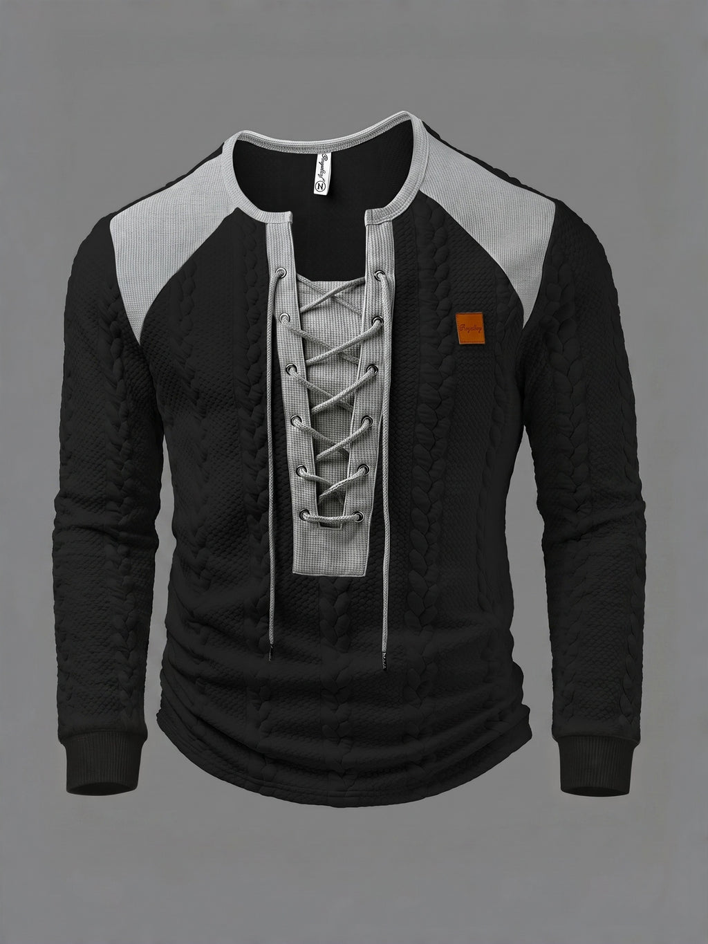 ROYALBOY Men's Long Sleeve Drawstring Perforated Design Soft Textured Henley Shirt with Small Logo, Suitable for Outings, Parties, and Casual Wear - Black