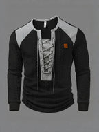 ROYALBOY Men's Long Sleeve Drawstring Perforated Design Soft Textured Henley Shirt with Small Logo, Suitable for Outings, Parties, and Casual Wear - Black