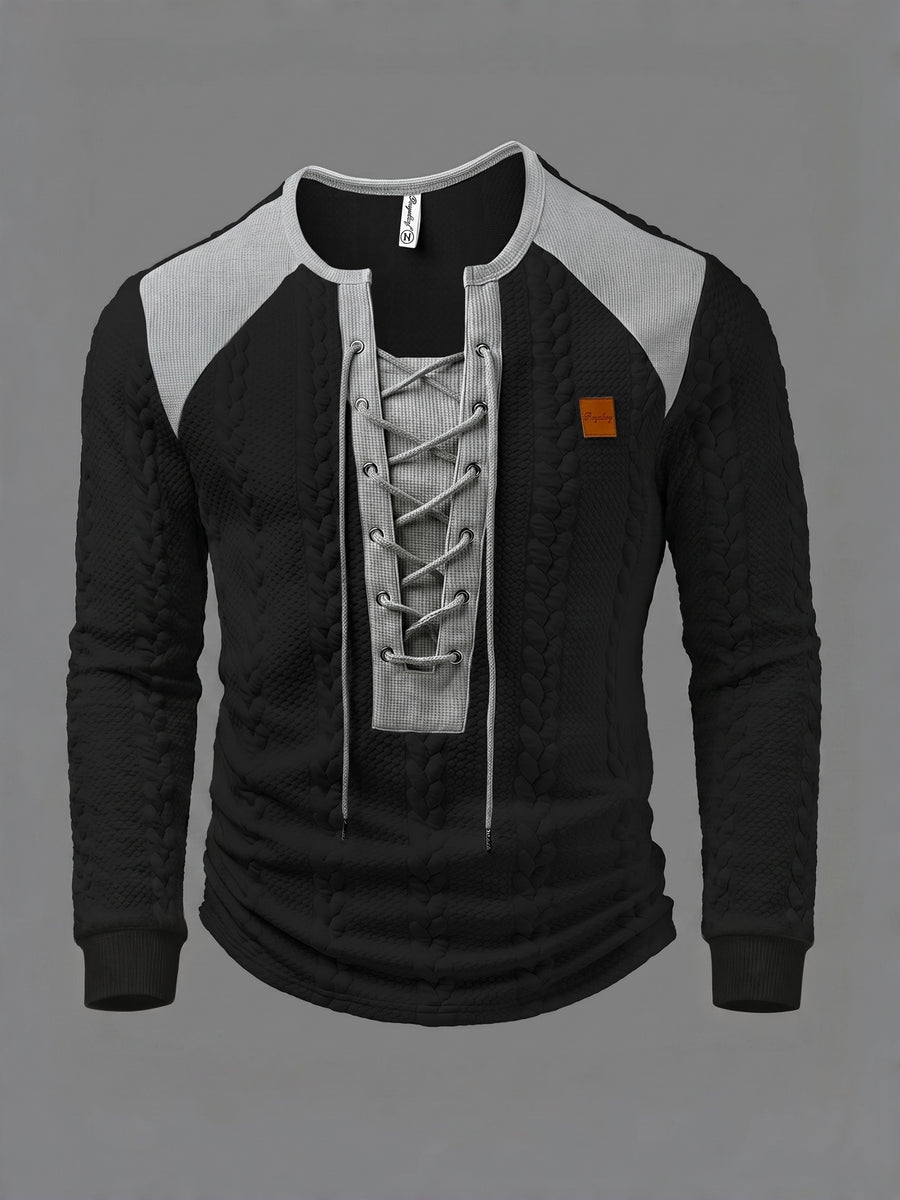 ROYALBOY Men's Long Sleeve Drawstring Perforated Design Soft Textured Henley Shirt with Small Logo, Suitable for Outings, Parties, and Casual Wear - Black