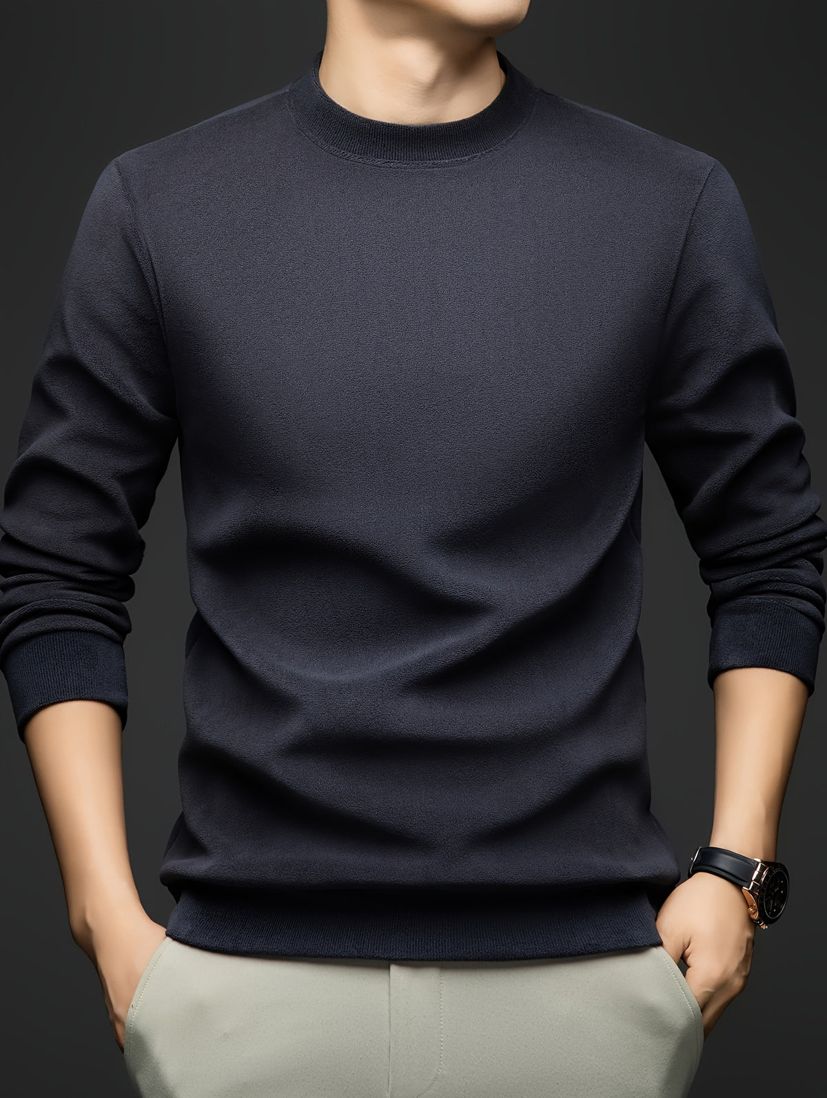 Autumn/Winter Men's -Lined Thickened Warm Base Layer Shirt, Crew Neck Long Sleeve T-Shirt, Solid Color Stretchy Inner Layer Casual Sweatshirt Top - Dark Gray