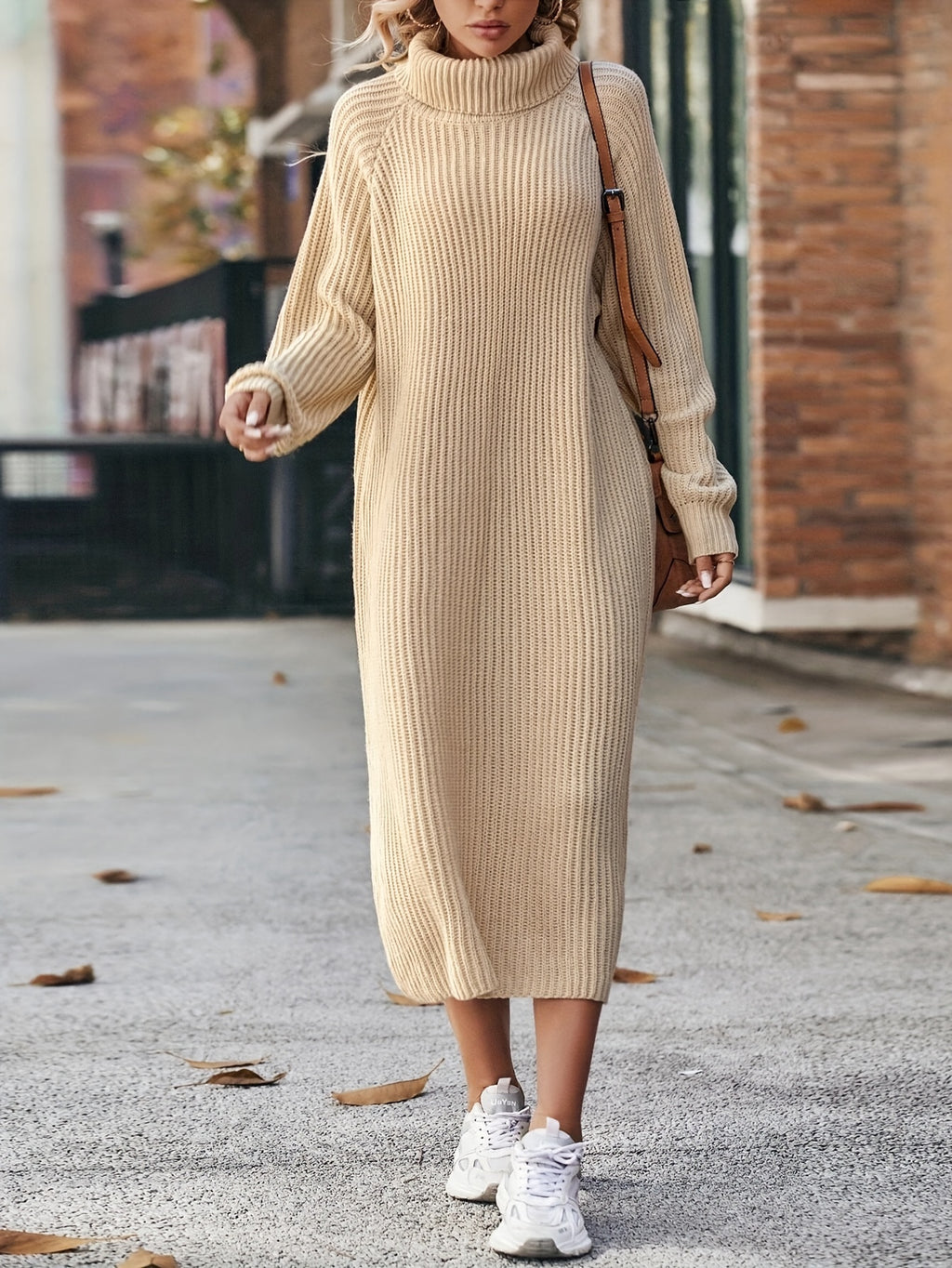 This Autumn and Winter Fashion Solid-color High-neck Long Sweater for Women Is a Casual Style. It Is Suitable for Daily Outings and Dates. It Is Versatile and Practical, and a Must-have for Daily Commutes and Dates - Apricot