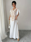 Women'S Summer Elegant Casual Robe, Floral Print V-Neck, Slit Long Dress - Milky