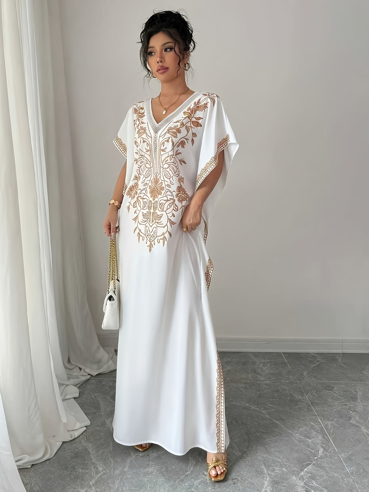 Women'S Summer Elegant Casual Robe, Floral Print V-Neck, Slit Long Dress - Milky