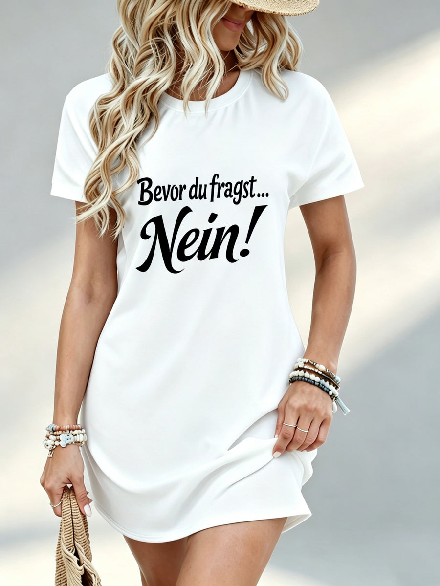 [Printed Design - Not Textured] Casual Women Dress, German Slogan Print, Beach Vacation, Gift for Friend, 100% Polyester - White