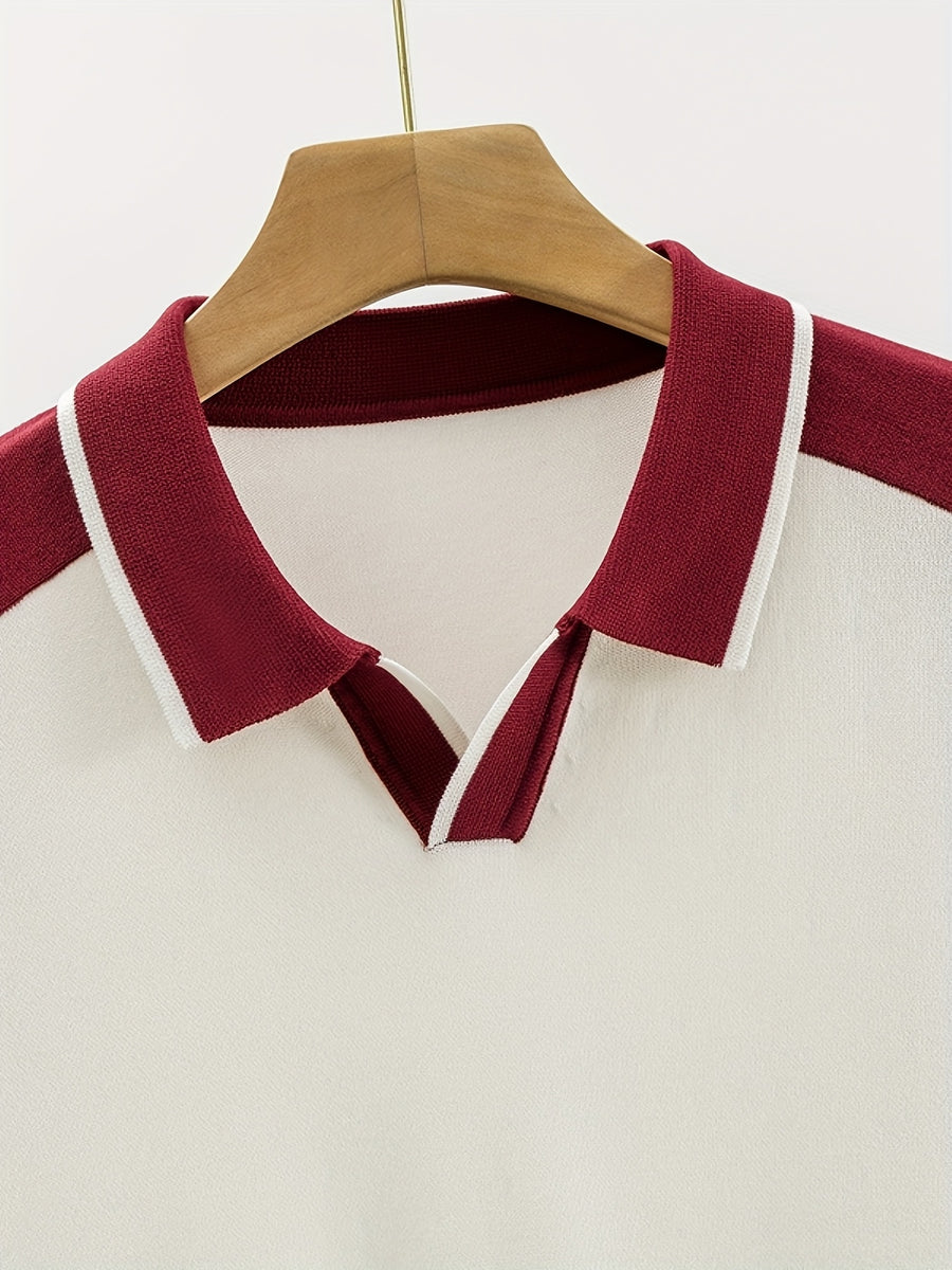 Men's Color-Block Summer Breathable Saddle Shoulder Knit Shirt, Short Sleeve Lapel V-Neck Casual Light Business Knit Top - White