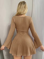 Bodycon Dress, Square Neck Tie Ruffled Sleeve Short Skirt Purely Sexy Style - Camel