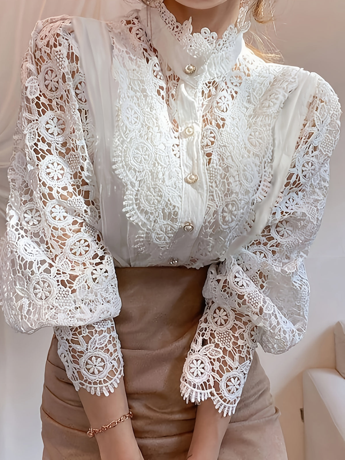 European and American Women's Lace Shirt, Daily Elegant Fashion Button- Blouse with Stand Collar - White