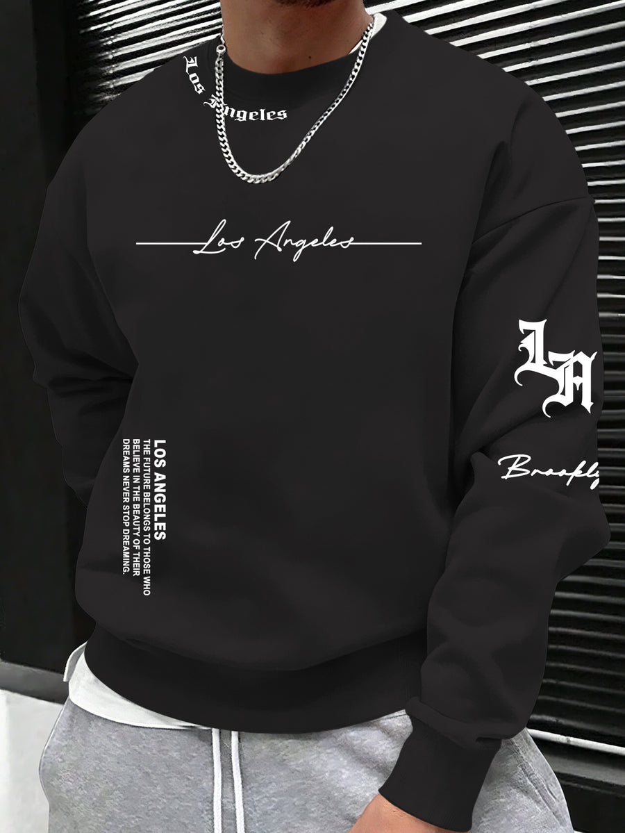 American-style Men's Faith-inspired Crewneck Sweatshirt! A Great Choice for Light Socializing or Daily Streetwear, Machine Washable, Featuring City Emblems of Los Angeles and Brooklyn, and the Attitude Element of "Believe in Dreams, Never Stop - Black