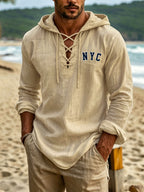 Urban Style Men'S Linen Long Sleeve Hooded Sweatshirt, NYC Chest Letter Print, Easy And Versatile, Individual Cross-Tie Neckline for Detail Expression, Classic Hooded Design, Suitable for All Outings - Khaki