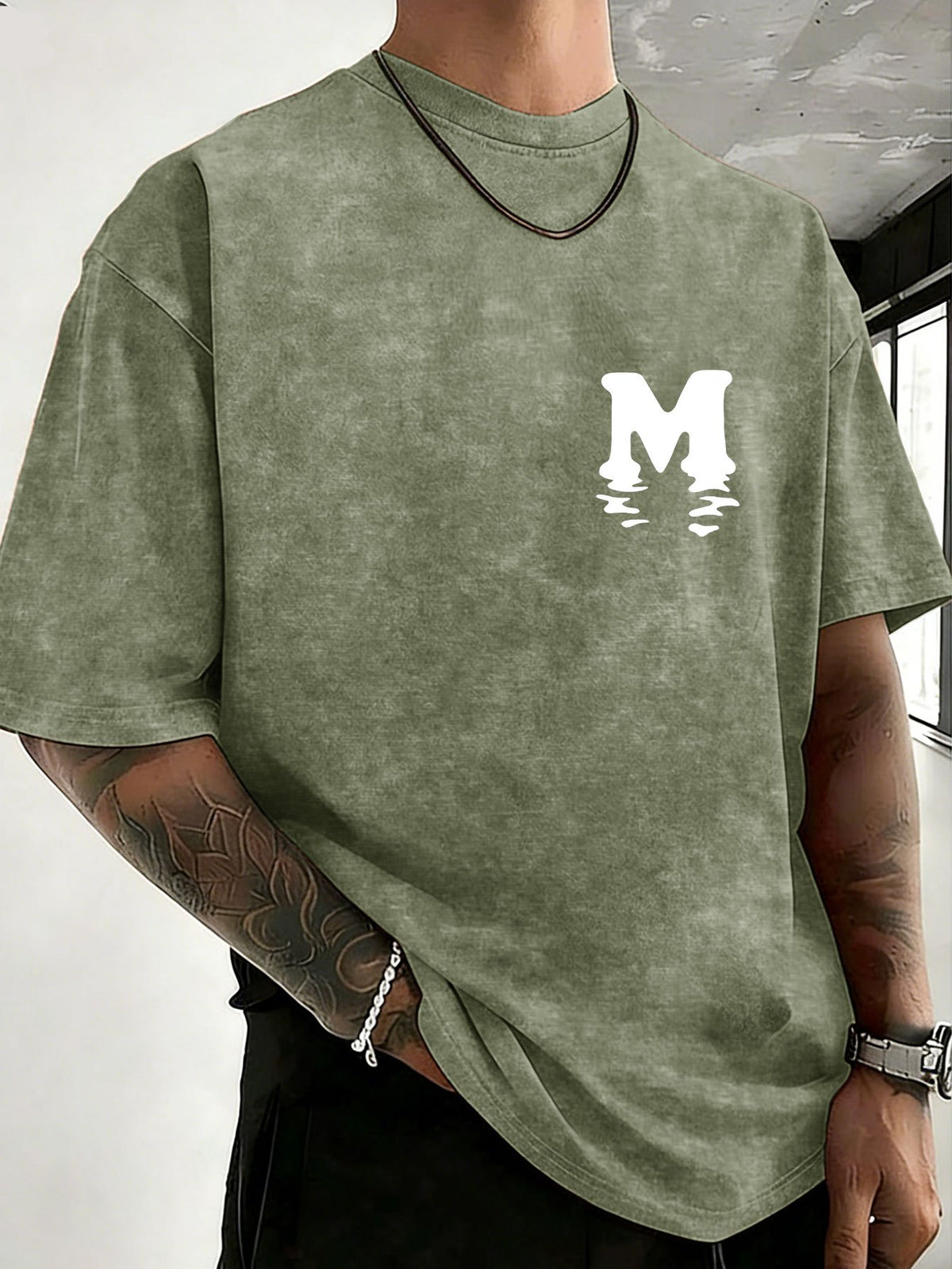 Unisex 100% Cotton Washed Vintage Crew Neck Short-Sleeve T-Shirt, Double-Sided Position Print, Trendy Loose Casual Top, 12 Colors Available - Military Green