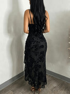 Velvet Rose Spaghetti Strap Side-Slit Fishtail Dress Women'S Hot Style Evening Gown Long Dress Velvet Rose Print with Mesh Fabric, Exuding Retro Vibe; Spaghetti Straps And Heart-Shaped Neckline Highlight Collarbone Lines - Black