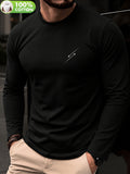100% Cotton Men's T-Shirt, Spring/Autumn Long Sleeve, Standard Fit, Daily Casual Versatile Top, Fashionable, Elegant, , and Fun Print - Black