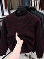 Men'S Semi-High Neck Sweater Autumn Winter Fleece Thick Warm Knitwear Middle-Aged Jacquard Pullover Base Layer - Burgundy
