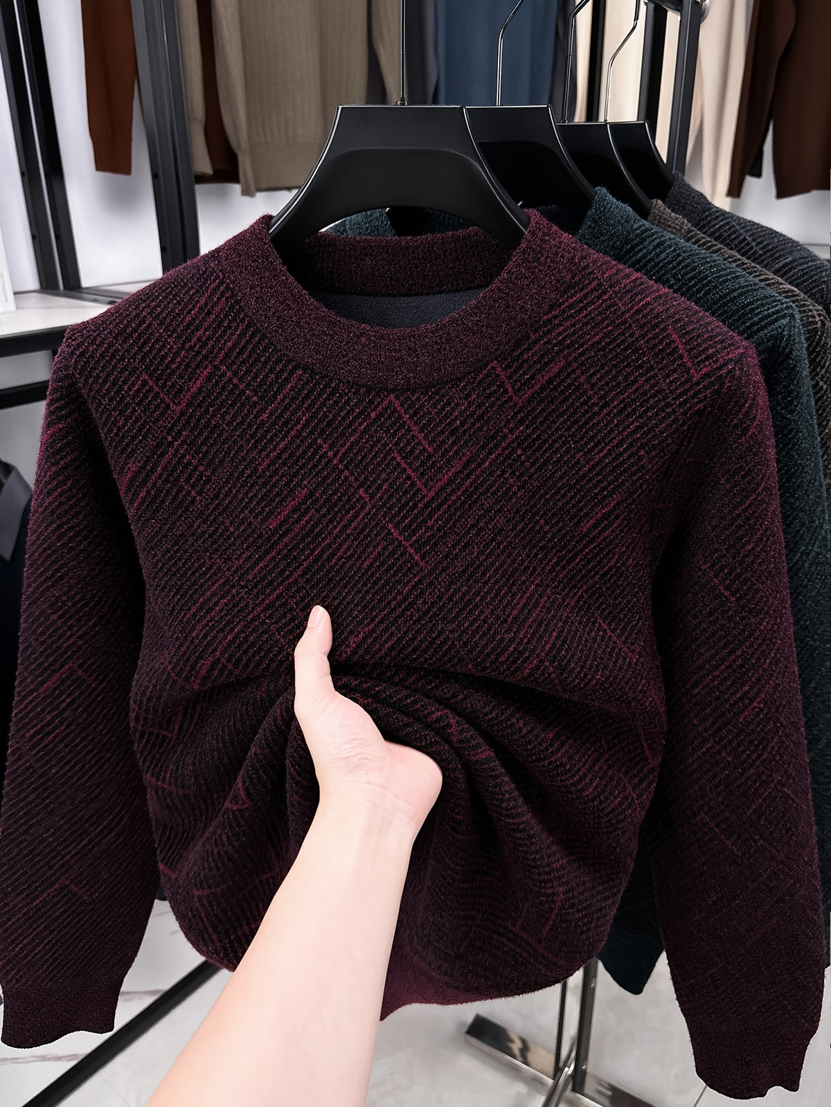 Men'S Semi-High Neck Sweater Autumn Winter Fleece Thick Warm Knitwear Middle-Aged Jacquard Pullover Base Layer - Burgundy