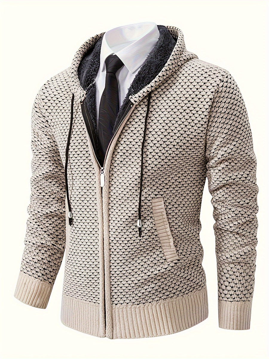 Men'S Premium Knit Cardigan Sweater, Chenille Fabric High Quality Hooded Thick Warm Sweater - Apricot