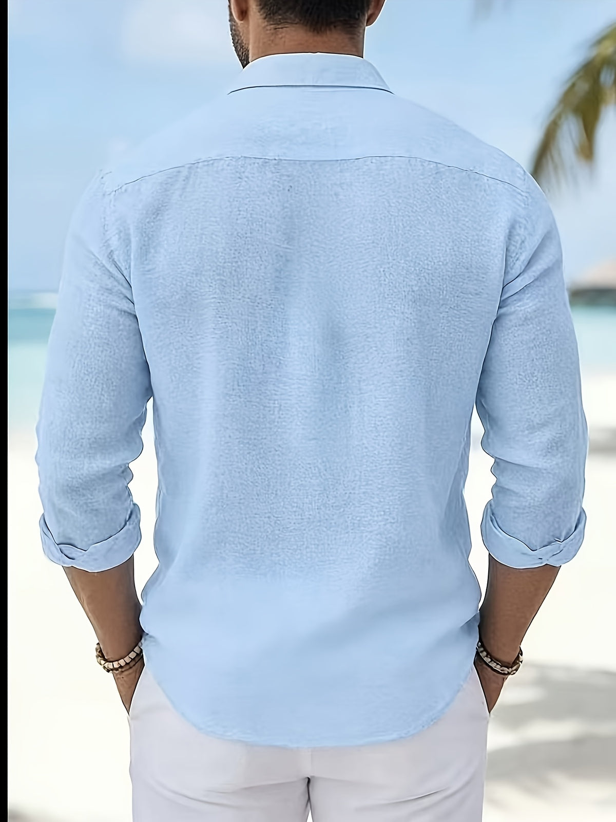 Men's Vintage Lapel Striped Shirt, Vacation Casual Long-Sleeve Shirt. Available in Multiple Colors - Sky Blue