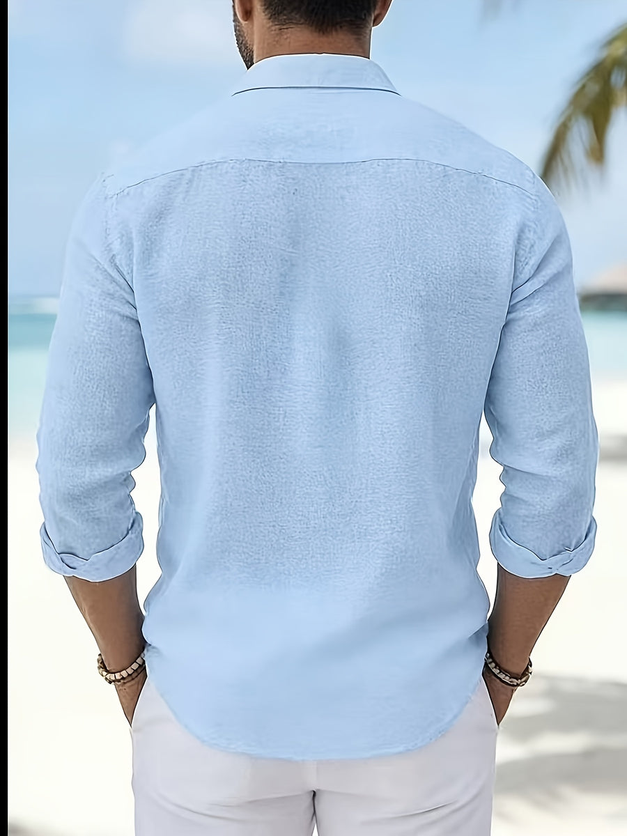 Men's Vintage Lapel Striped Shirt, Vacation Casual Long-Sleeve Shirt. Available in Multiple Colors - Sky Blue