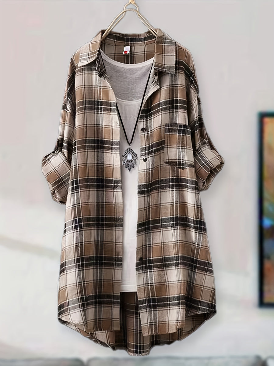 Mid-length Loose-fit Casual Plaid Shirt - Yellow