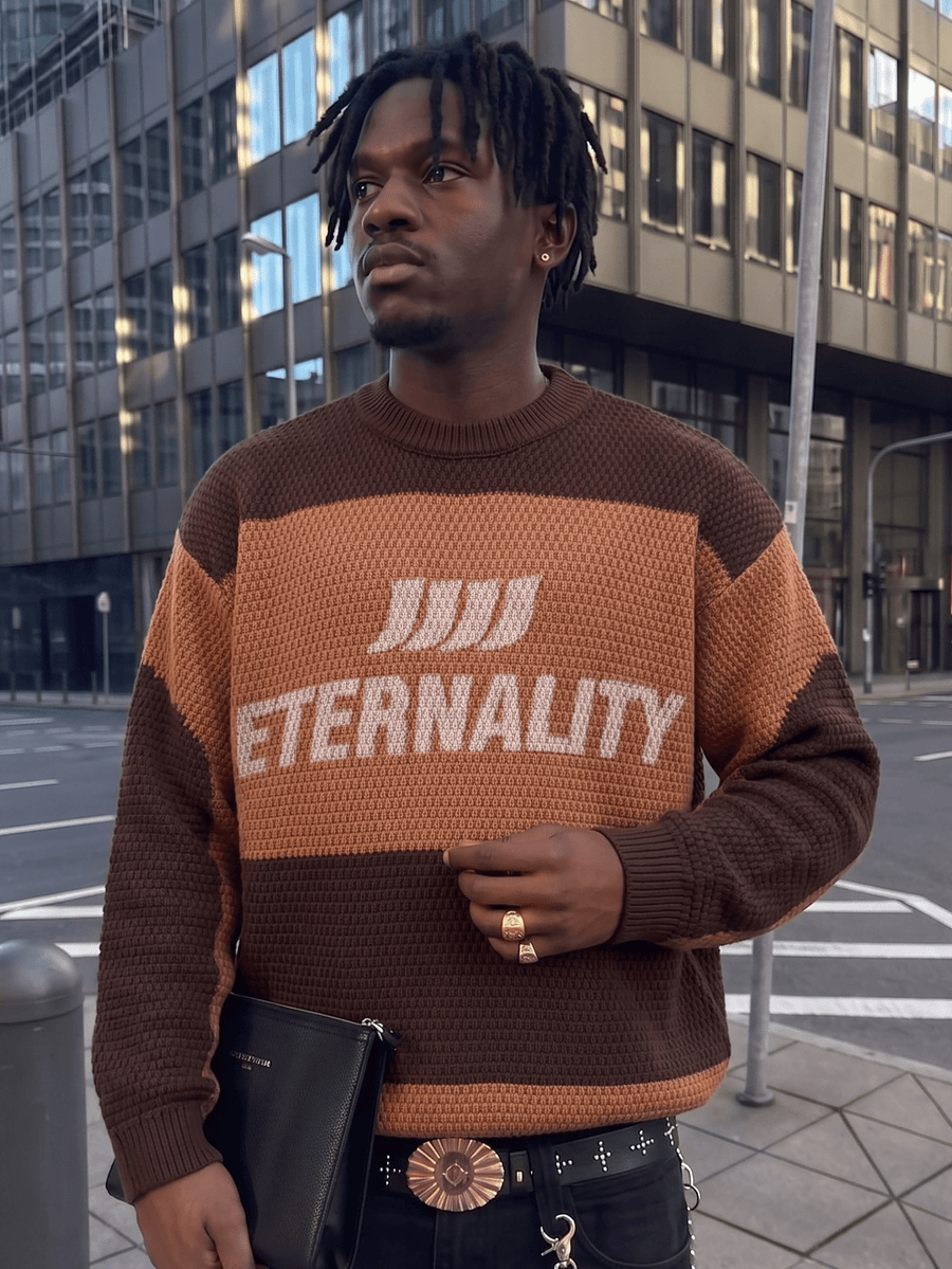 Men'S Sweater Fashion Trendy Street Style Casual Commute Home All-Match ETERNALITU English Letter Round Neck Long Sleeve Wide Ribbed Loose Knit Pullover Sweater Autumn Winter - Coffee Color
