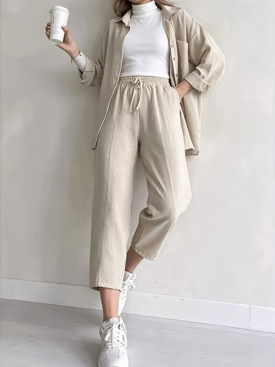 F009 Women's Relaxed Loose-Fit Shirt with No Headscarf, Drawstring Capri Pants, Comfortable Wide-Leg Pants Set for Early Morning Commutes - Apricot