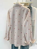 Women'S Heart Print Polo Collar Striped Shirt - Casual Collared Long Sleeve Blouse, Perfect for Spring Summer Fall Casual Wear - Khaki