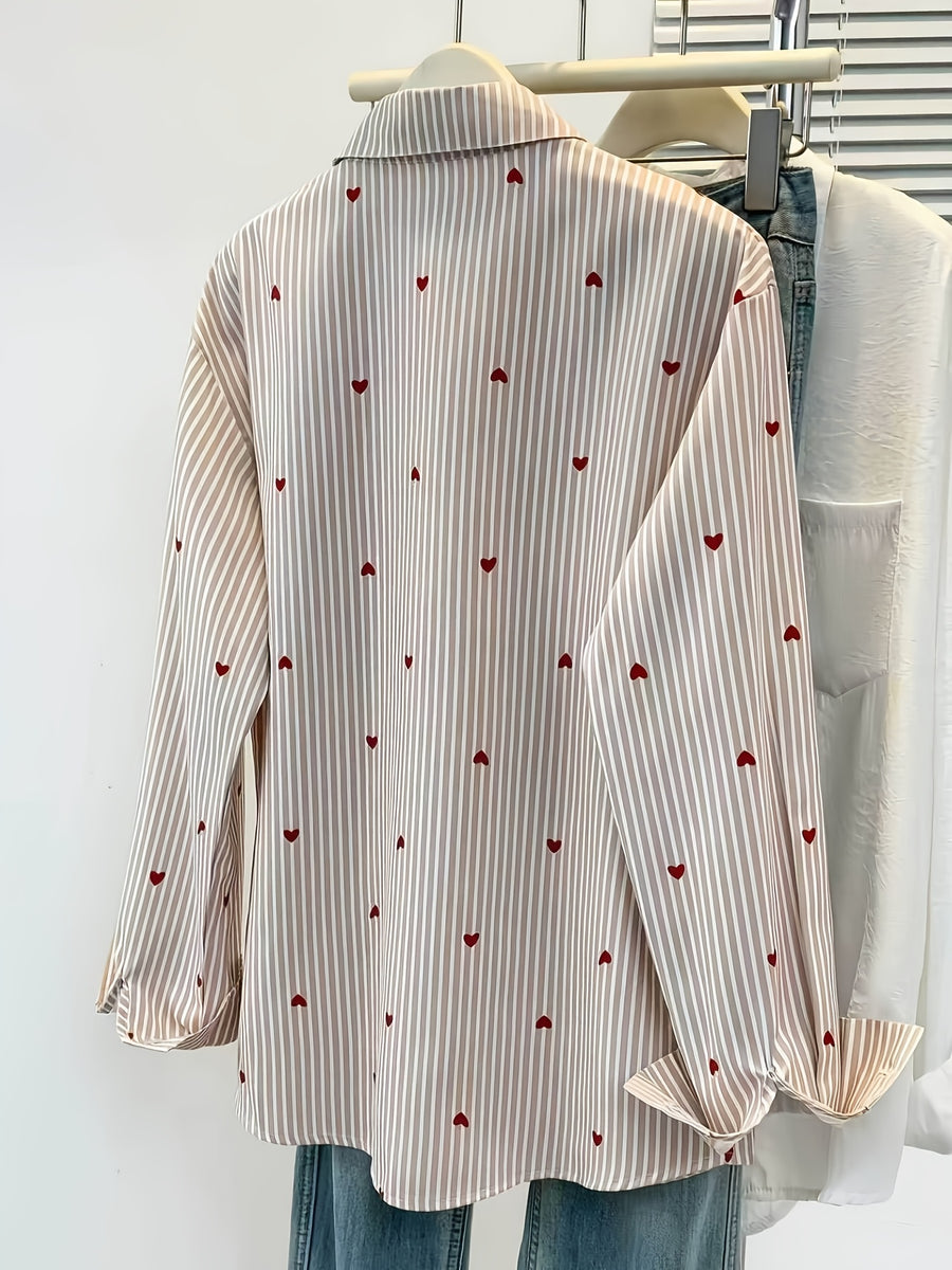 Women'S Heart Print Polo Collar Striped Shirt - Casual Collared Long Sleeve Blouse, Perfect for Spring Summer Fall Casual Wear - Khaki