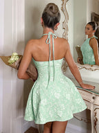 Women'S Elegant Easy Jacquard Fabric Halter Neck Sleeveless Dress, Back Zipper Side Pleat Design, Suitable for Banquets And Afternoon Tea Gatherings - Bright Green