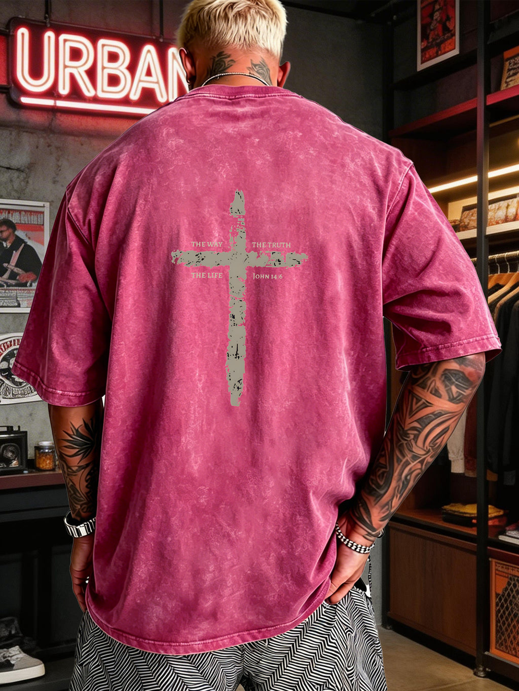 Men's Heavyweight T-Shirt Washed Distressed Fashion Print 2026 Summer New Urban High Street Hiphop Style Vintage Acid Wash Casual Gym Workout Top Pure Cotton Breathable Base Shirt - Rose Red