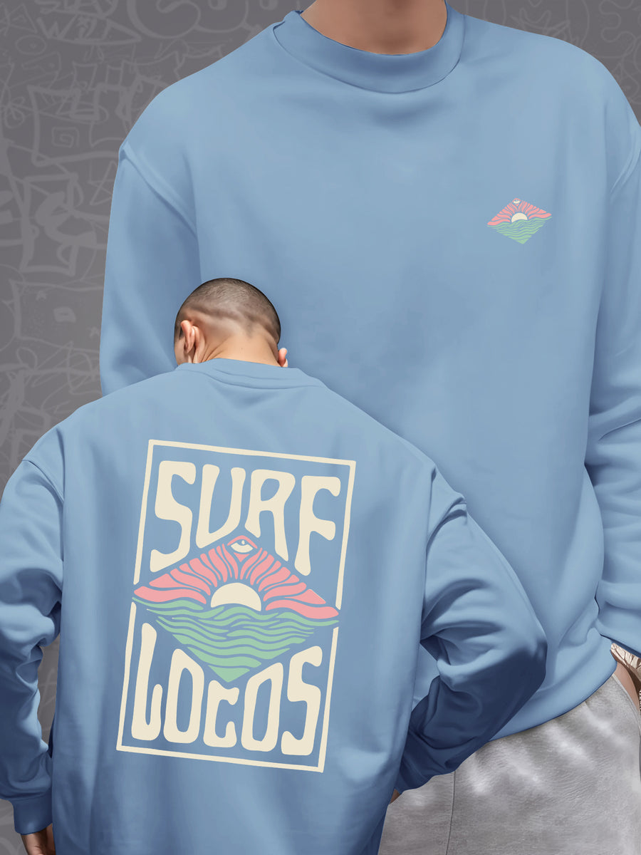 Surf SURF LOCOS Print, Men's Casual Trendy -Lined Long Sleeve Crewneck Sweatshirt, Fashion Print Sweatshirt - Light Blue