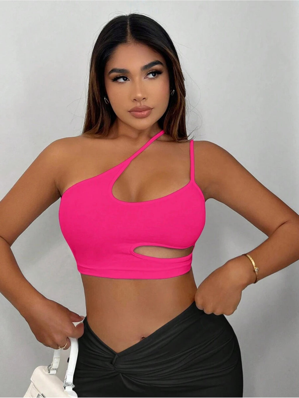 Women Fashion Solid One Shoulder Cut Out Crop Top Summer Party Outfits - Dark Pink
