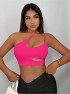 Women Fashion Solid One Shoulder Cut Out Crop Top Summer Party Outfits - Dark Pink