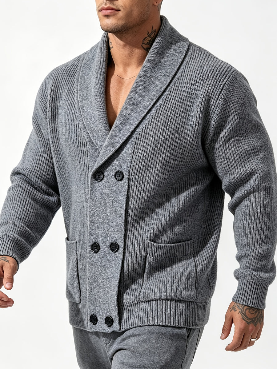 American Casual Men'S Polo Collar Knit Cardigan Heavy Ribbed Fabric Double-Breasted Loose All-Match Long-Sleeve Jacket - 10531-26310 Gray