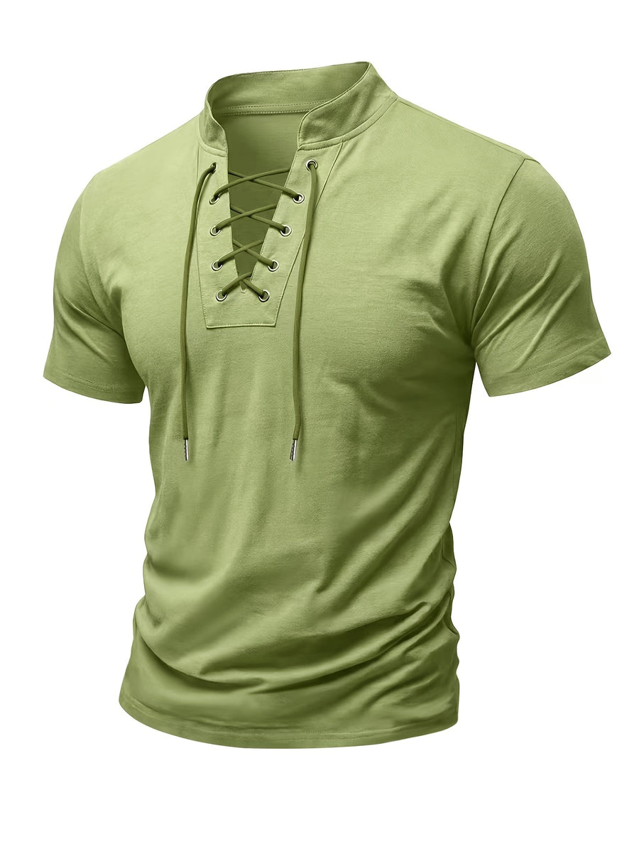 Summer Latest Men'S Individual Design Stand-Up Collar T-Shirt, Fashionable Western Style Trendy High Street Short Sleeve - Grass Green