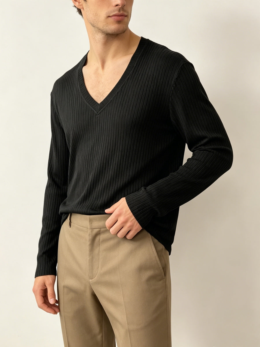 Men'S Black Vertical Ribbed V-Neck Long Sleeve T-Shirt, Easy Loose Drapey Solid Base Layer Commuter Casual Top - Black