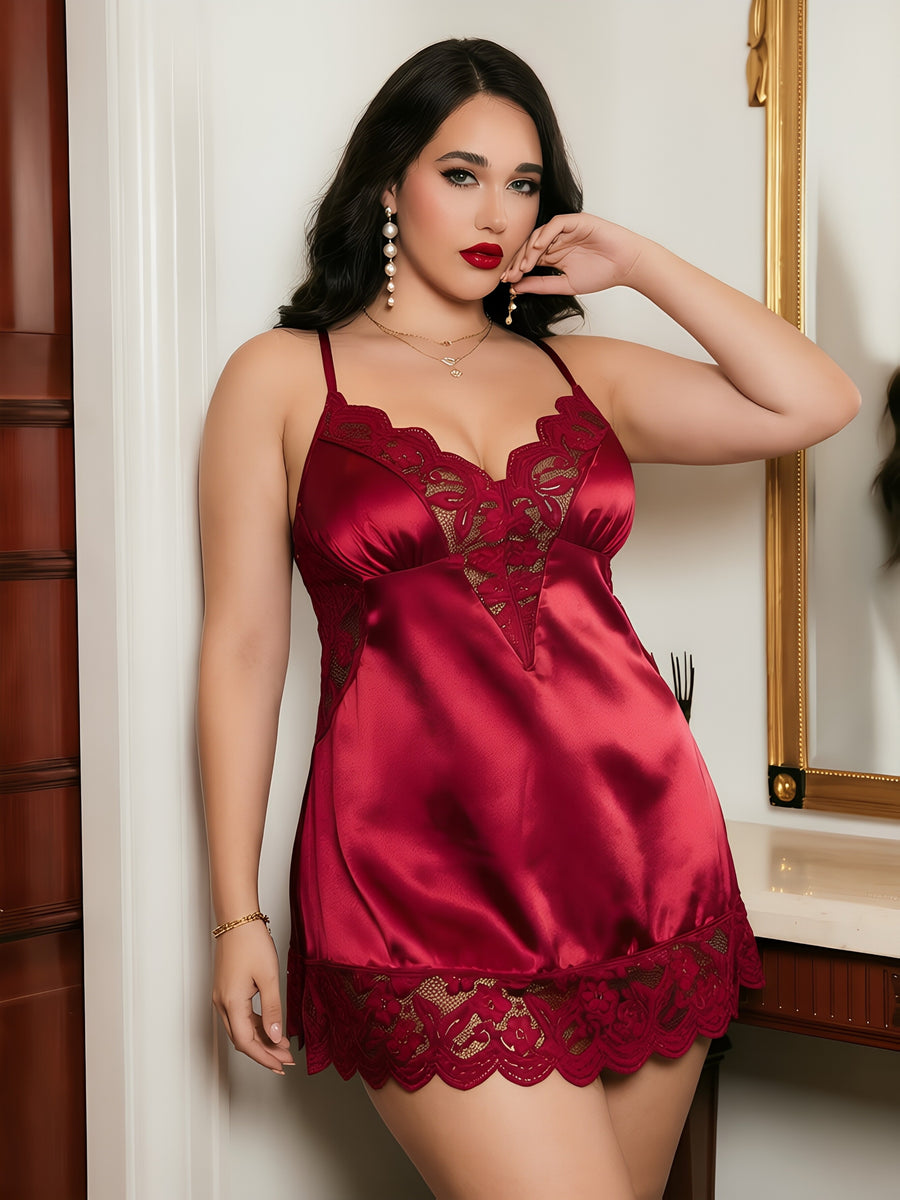2pcs Set: Home Sexy Comfortable Plus Size Set, 1pc Thong And 1pc Women'S Nightgown - Burgundy