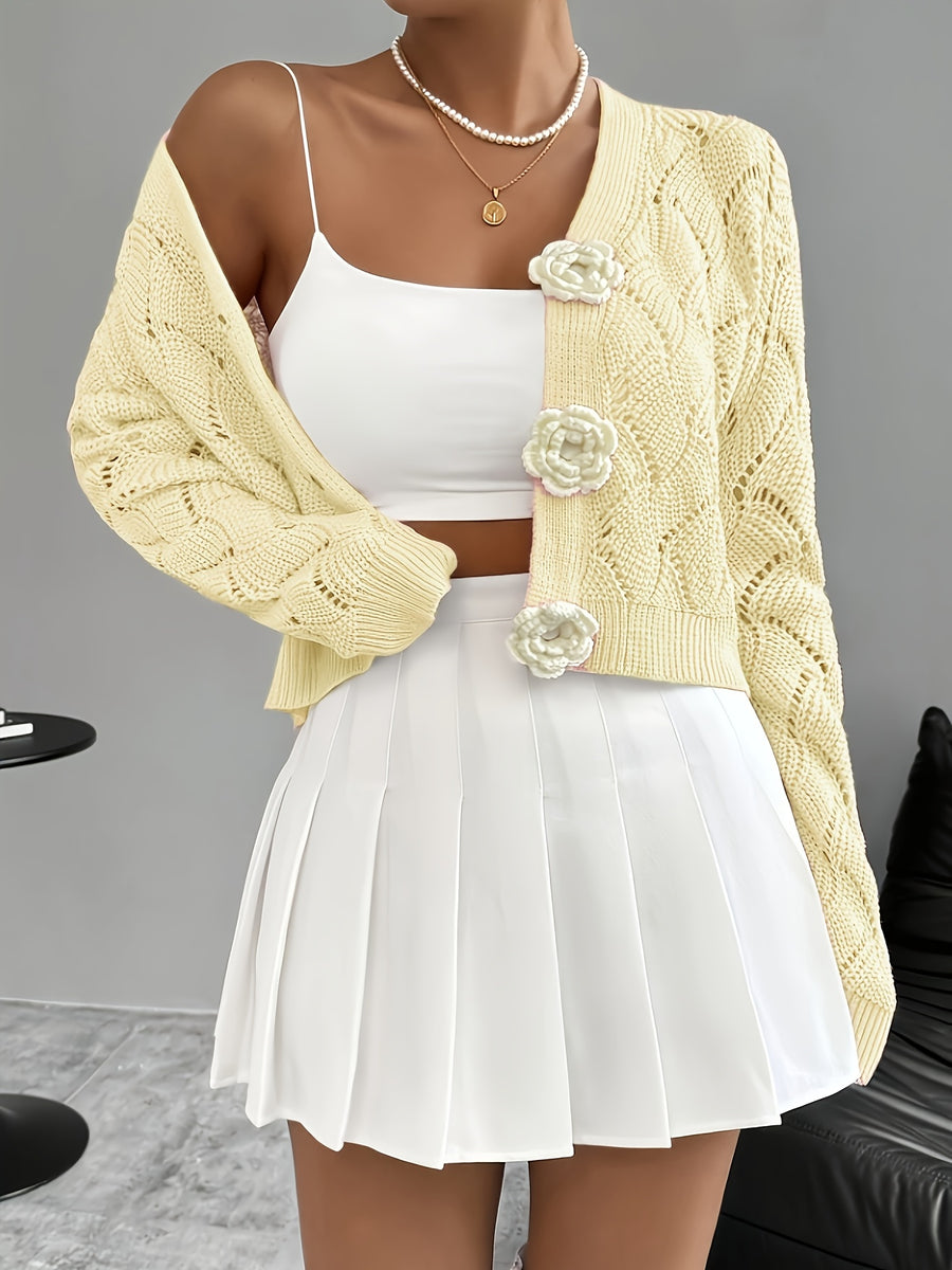 Spring 2026 Spring/Summer Women'S Handcrafted 3D Floral Embellishment Western Fashion Elegant Solid Lace Crochet Cardigan Top Jacket Women'S, Suitable for Daily Wear And Commuting, Spring Outing, All Seasons, Versatile Style - Yellow