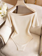 Elegant Women's Bodysuit, Off-Shoulder Bodysuit, Casual Bodysuit, Short-Sleeve Bodysuit, Apricot-Colored Bodysuit, Vacation Bodysuit, Beach Bodysuit, Outing Bodysuit, Boat Neck Bodysuit for Daily Dates and Casual Wear, Everyday Bodysuit, Short-Sleeve - Apricot
