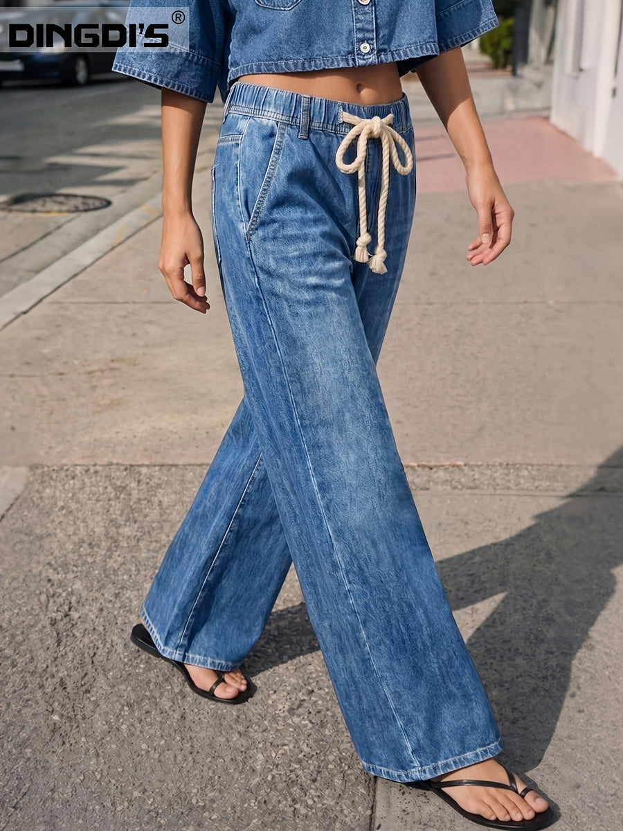 Women's New Wide-leg Jeans, Drawstring Loose Straight-leg Jeans, Elastic Waist Washed Denim Casual Pants, Suitable for All Seasons with Pockets, Comfortable Denim Pants Suitable for Travel, Work and Office Wear - Medium Blue