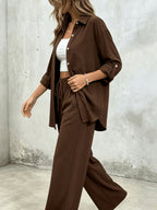 Korean Lazy Style Brown Textured Casual Set Women'S Loose Drapey Shirt And Drawstring Wide-Leg Pants Versatile Breathable Comfortable Daily Commute Outfit, Lightly Mature Gentle Temperament Casual Outing Travel Set - Coffee Color