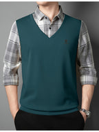 Men's 2-in-1 Look Long Sleeve Golf Polo Shirt, V-Neck Mock Vest Pullover, with Exquisite Logo on the Chest, Gray Plaid Shirt Collar and Cuffs, Breathable and Comfortable Polyester Top, Suitable for Adult Men's Weekend Gatherings, Outdoor Walks - Dark Green