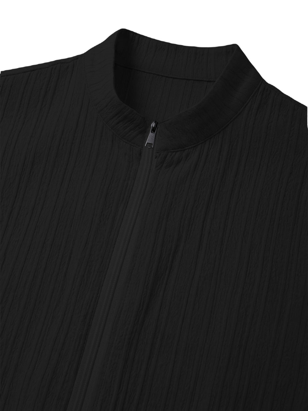 4pcs Urban Minimalist Pinstripe Textured Men'S Short Sleeve Stand Collar Zipper Cardigan, Summer Lightweight Breathable Casual Jacket, Fashionable All-Match Zippered Short Sleeve Shirt, Vertical Pleated Textured Fabric - Black+White+Navy Blue+Navy Blue