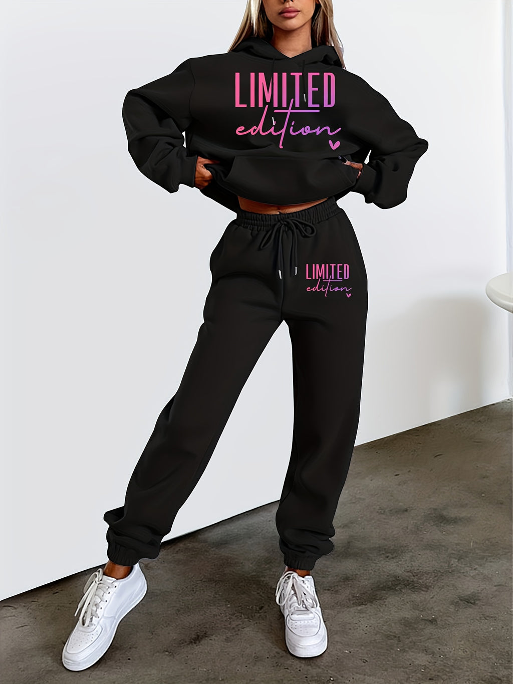 Women'S Casual Trendy Fashion Hoodie And Pants Set - Black